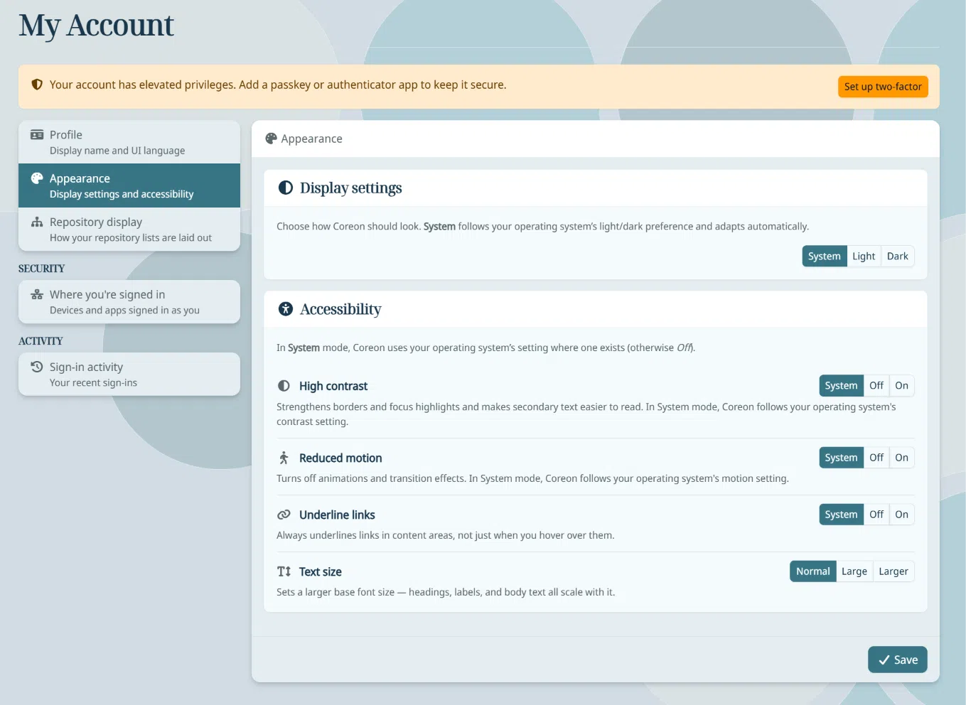 My Account / Appearance settings