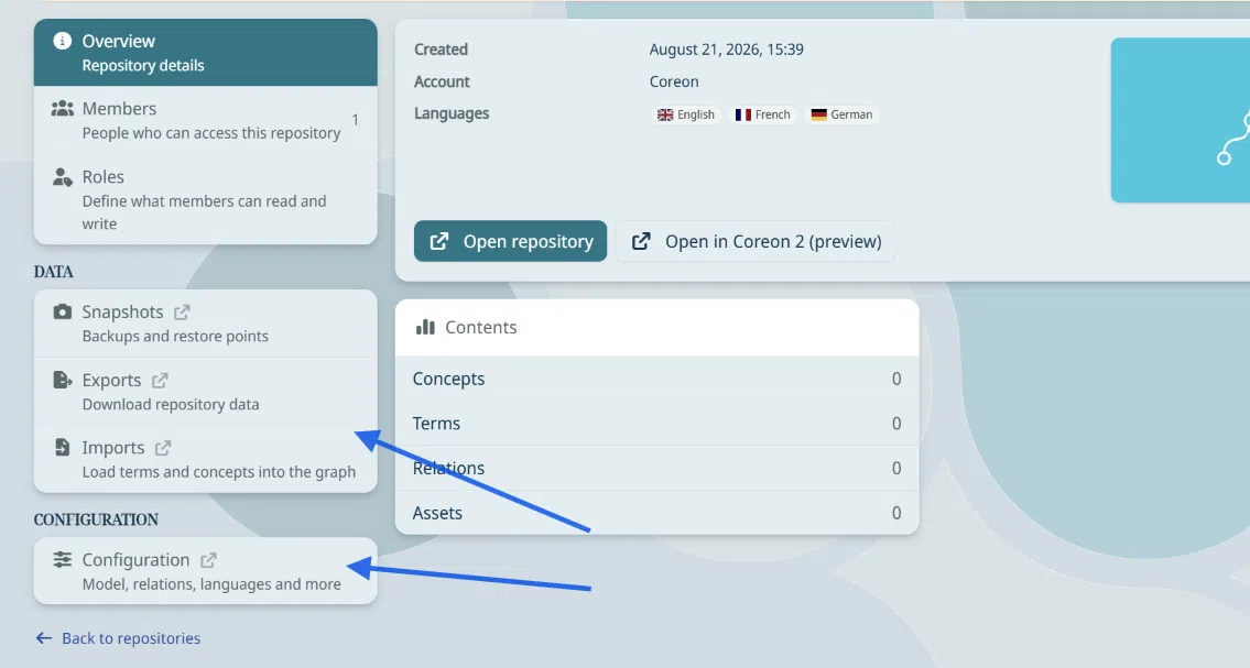 Repository Info - shortcuts to legacy dashboard